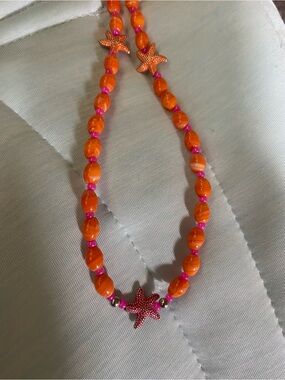 Handmade Orange Beaded Starfish Necklace with Pink Accents